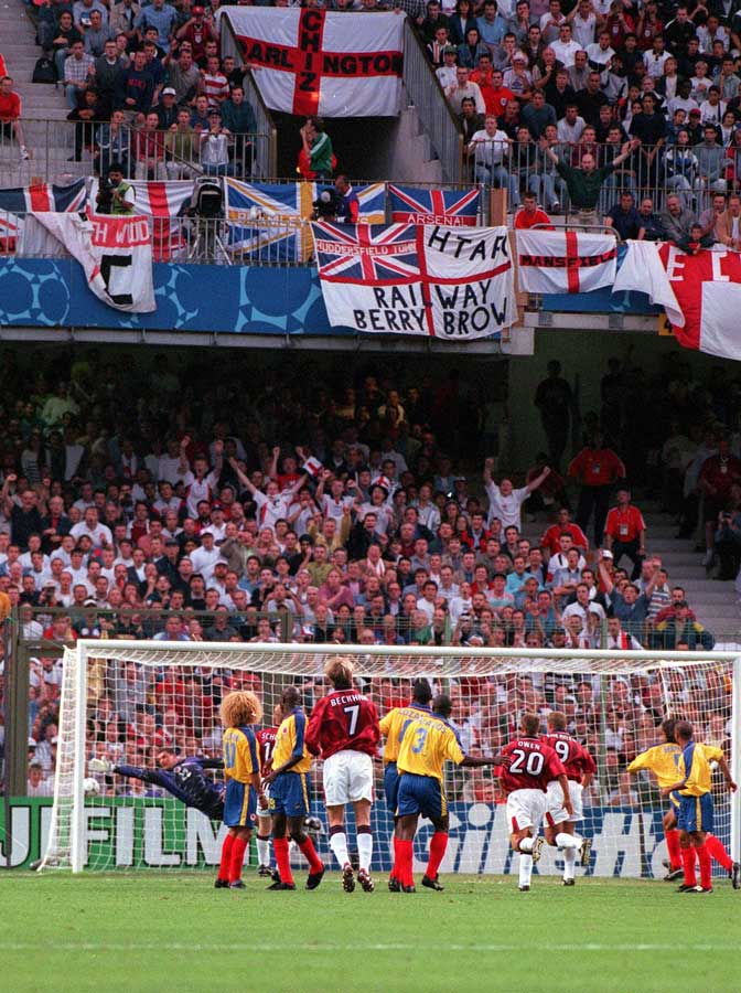 David Beckham scores against Columbia in 1998.